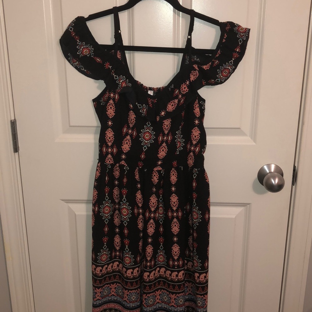 Patterned Shoulder Frill Dress